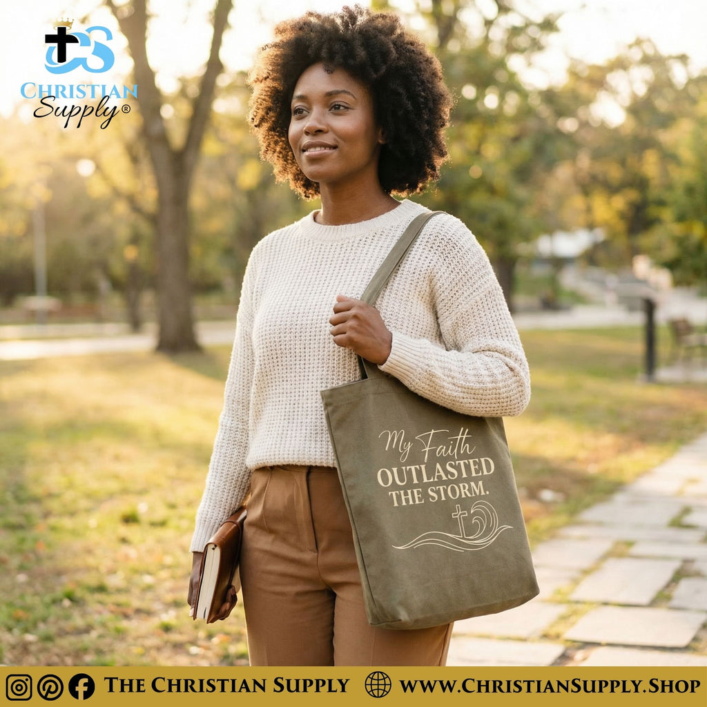 “My Faith Outlasted the Storm” Inspirational Christian Tote Bag – Durable 12oz Cotton Canvas Reusable Shoulder Bag for Daily Use