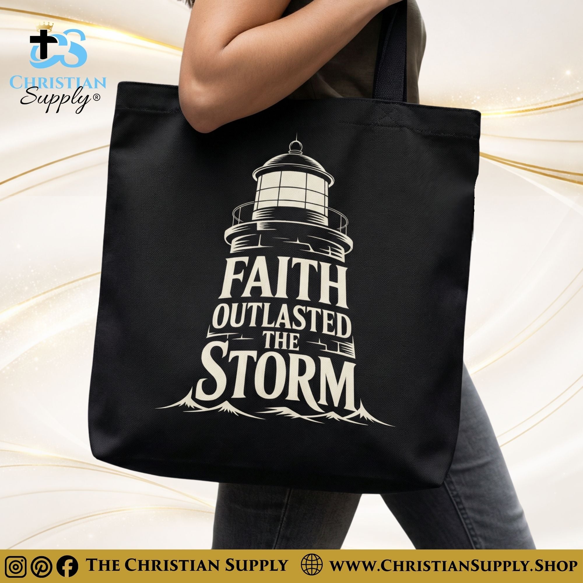 “Faith Outlasted the Storm” Inspirational Christian Tote Bag – Durable 12oz Cotton Canvas Reusable Shoulder Bag for Daily Use