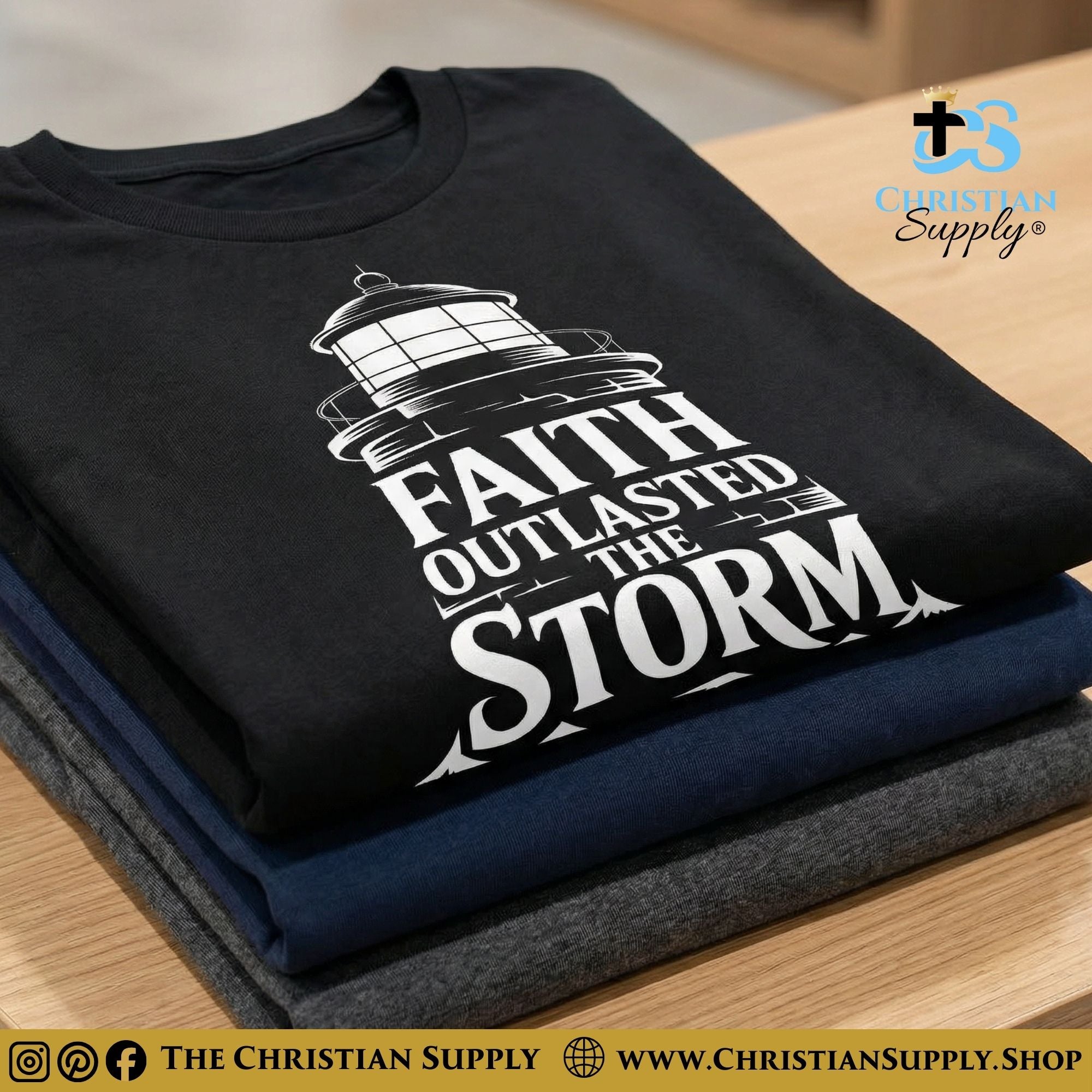 Faith Outlasted the Storm T‑Shirt – Lighthouse Strength Christian Tee