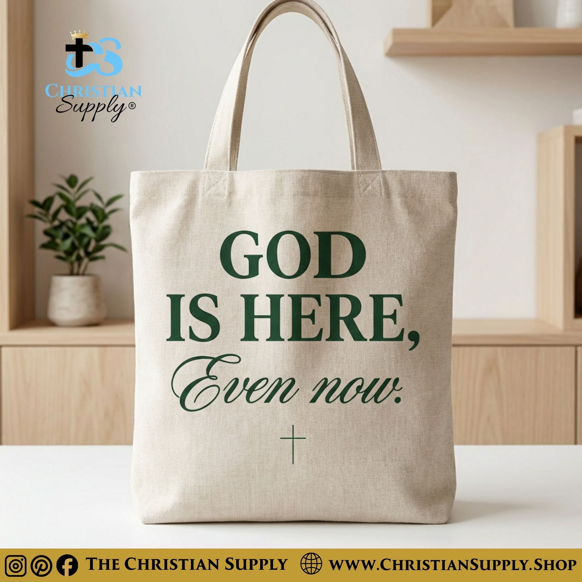 “God Is Here, Even Now” Inspirational Christian Tote Bag – Durable 12oz Cotton Canvas Reusable Shoulder Bag for Daily Use