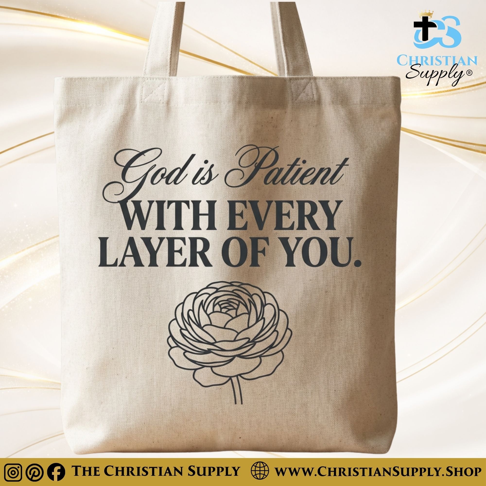 “God Is Patient With Every Layer of You Flower” Inspirational Christian Tote Bag – Durable 12oz Cotton Canvas Reusable Shoulder Bag for Daily Use