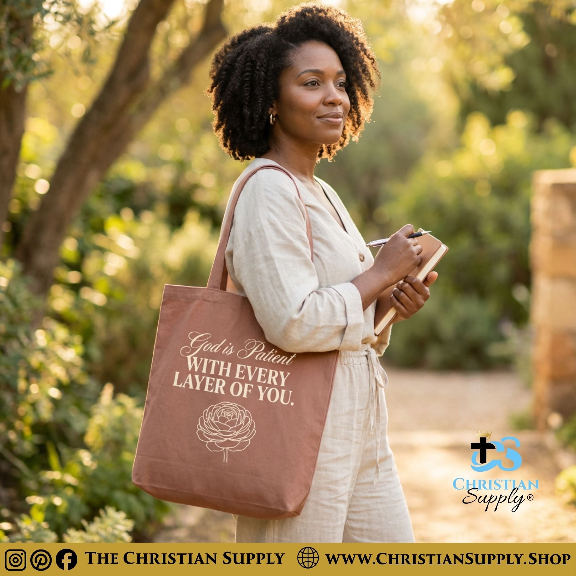 “God Is Patient With Every Layer of You Flower” Inspirational Christian Tote Bag – Durable 12oz Cotton Canvas Reusable Shoulder Bag for Daily Use