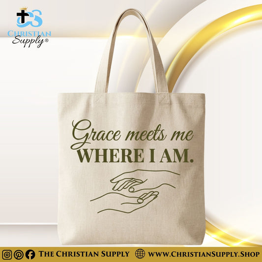 “Grace Meets Me Where I Am” Inspirational Christian Tote Bag – Durable 12oz Cotton Canvas Reusable Shoulder Bag for Daily Use
