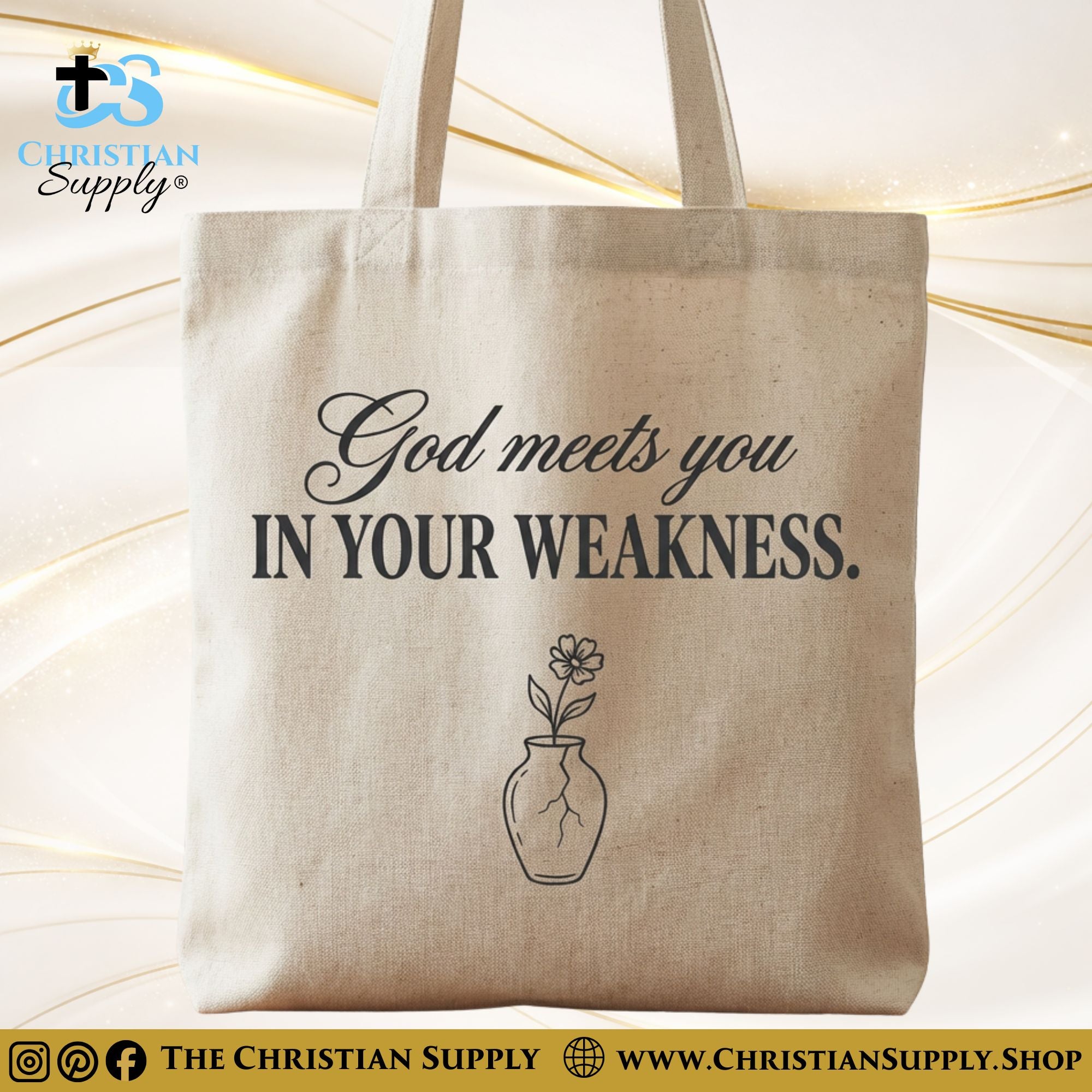 “God Meets You in Your Weakness” Inspirational Christian Tote Bag – Durable 12oz Cotton Canvas Reusable Shoulder Bag for Daily Use