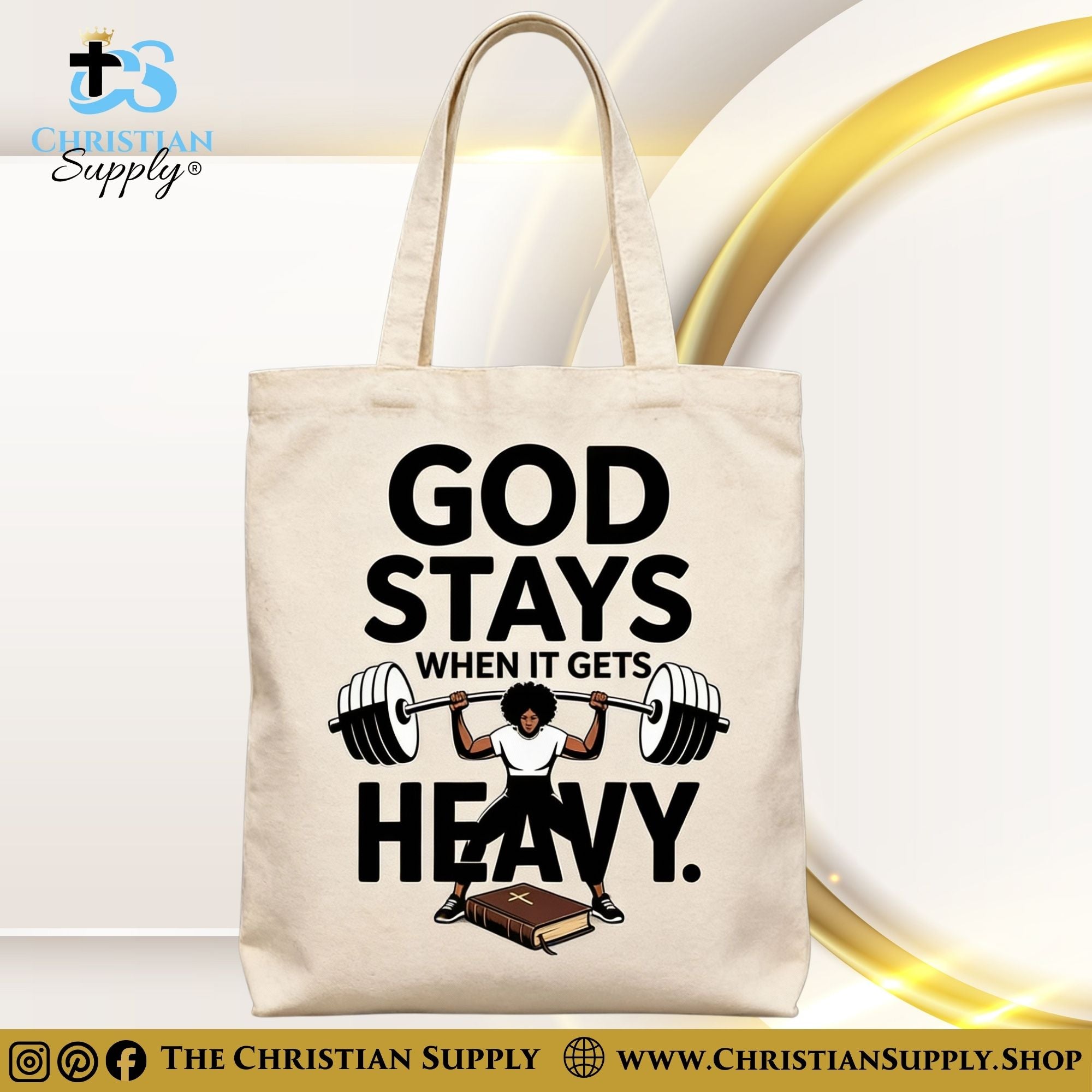 “God Stays When It Gets Heavy” Inspirational Christian Tote Bag – Durable 12oz Cotton Canvas Reusable Shoulder Bag for Daily Use