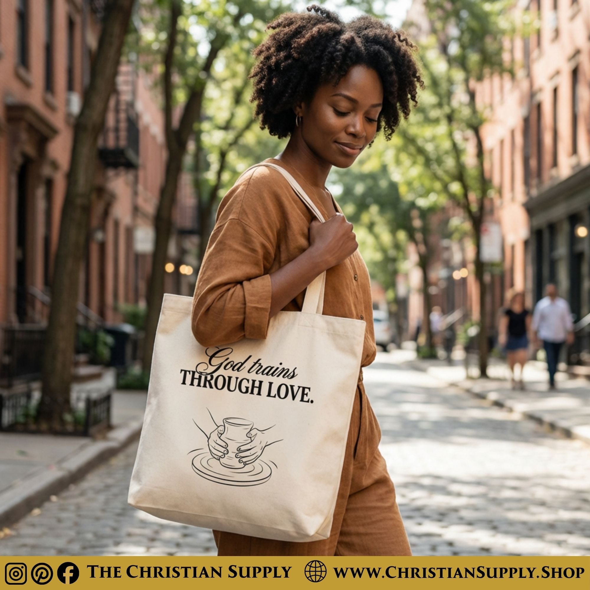 “God Trains Through Love” Inspirational Christian Tote Bag – Durable 12oz Cotton Canvas Reusable Shoulder Bag for Daily Use