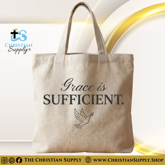 “Grace Is Sufficient” Inspirational Christian Tote Bag – Durable 12oz Cotton Canvas Reusable Shoulder Bag for Daily Use