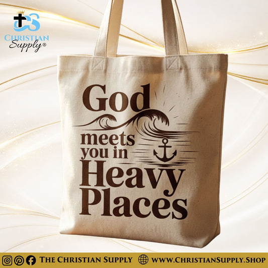 “God Meets You in Heavy Places” Inspirational Christian Tote Bag – Durable 12oz Cotton Canvas Reusable Shoulder Bag for Daily Use