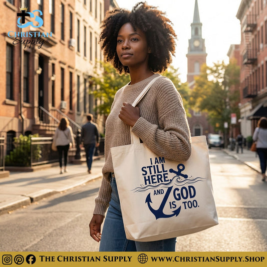 “I Am Still Here, and God Is, Too Anchor” Inspirational Christian Tote Bag – Durable 12oz Cotton Canvas Reusable Shoulder Bag for Daily Use