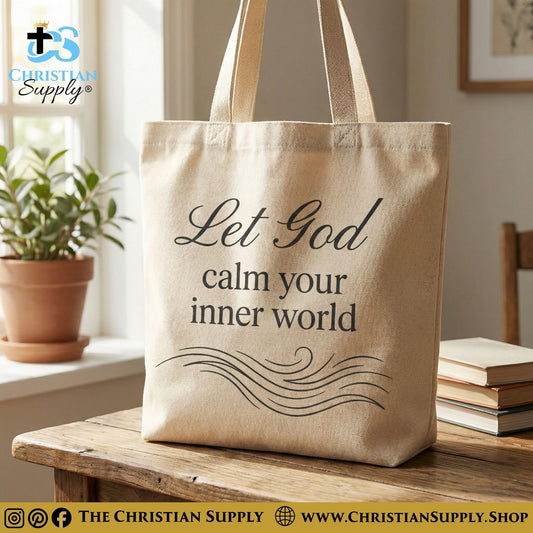 “Let God Calm Your Inner World” Inspirational Christian Tote Bag – Durable 12oz Cotton Canvas Reusable Shoulder Bag for Daily Use