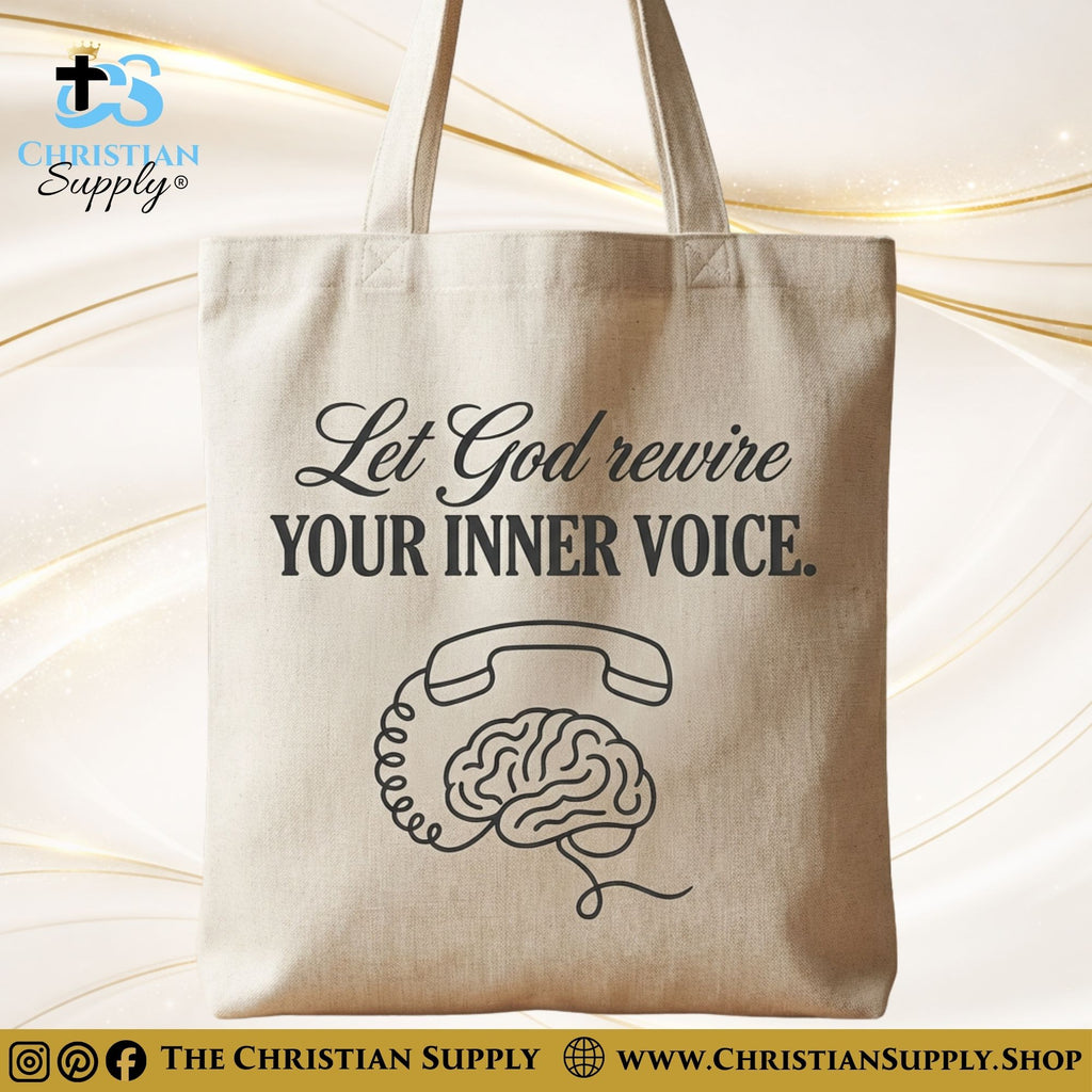 “Let God Rewire Your Inner Voice” Inspirational Christian Tote Bag – Durable 12oz Cotton Canvas Reusable Shoulder Bag for Daily Use