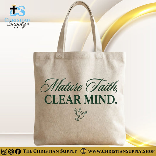 “Mature Faith, Clear Mind” Inspirational Christian Tote Bag – Durable 12oz Cotton Canvas Reusable Shoulder Bag for Daily Use