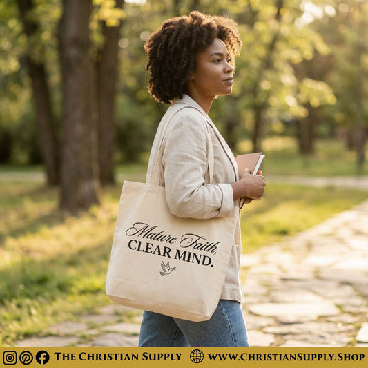 “Mature Faith, Clear Mind” Inspirational Christian Tote Bag – Durable 12oz Cotton Canvas Reusable Shoulder Bag for Daily Use