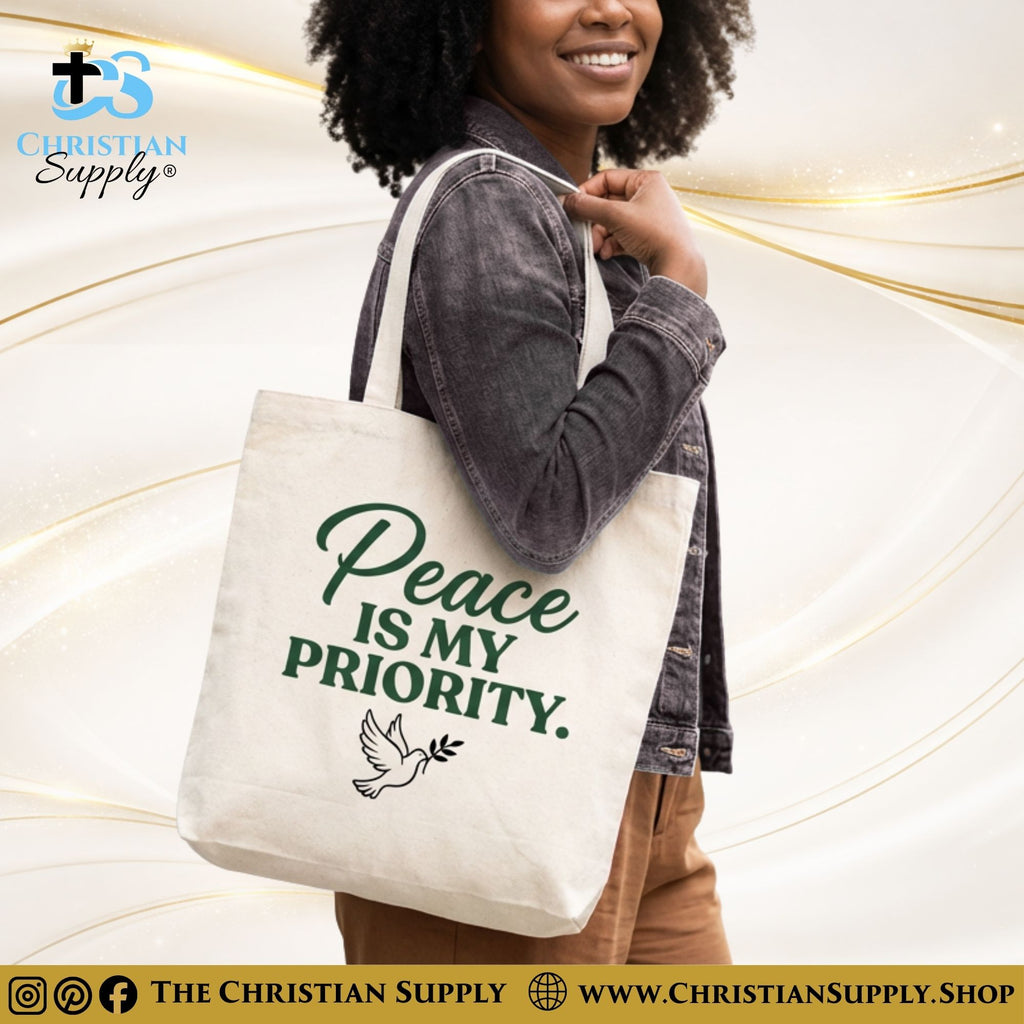 “Peace Is My Priority” Inspirational Christian Tote Bag – Durable 12oz Cotton Canvas Reusable Shoulder Bag for Daily Use