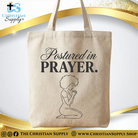 “Postured in Prayer” Inspirational Christian Tote Bag – Durable 12oz Cotton Canvas Reusable Shoulder Bag for Daily Use