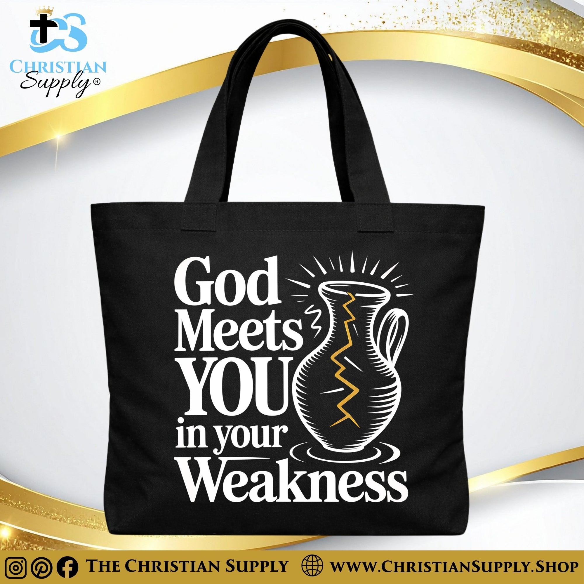 "God Meets You in Your Weakness" Christian Tote Bag – Durable 12oz Cotton Canvas Reusable Shoulder Bag for Daily Use