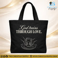 “God Trains Through Love” Inspirational Christian Tote Bag – Durable 12oz Cotton Canvas Reusable Shoulder Bag for Daily Use