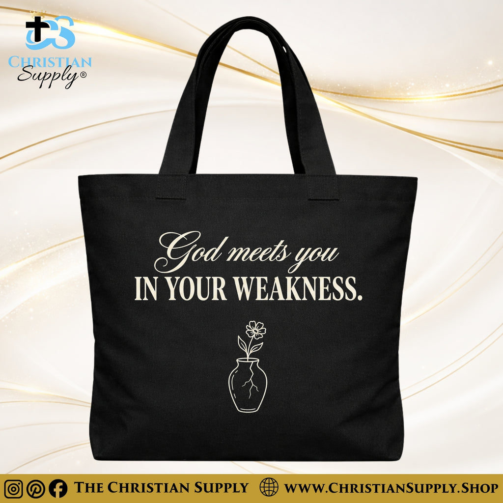 “God Meets You in Your Weakness” Inspirational Christian Tote Bag – Durable 12oz Cotton Canvas Reusable Shoulder Bag for Daily Use
