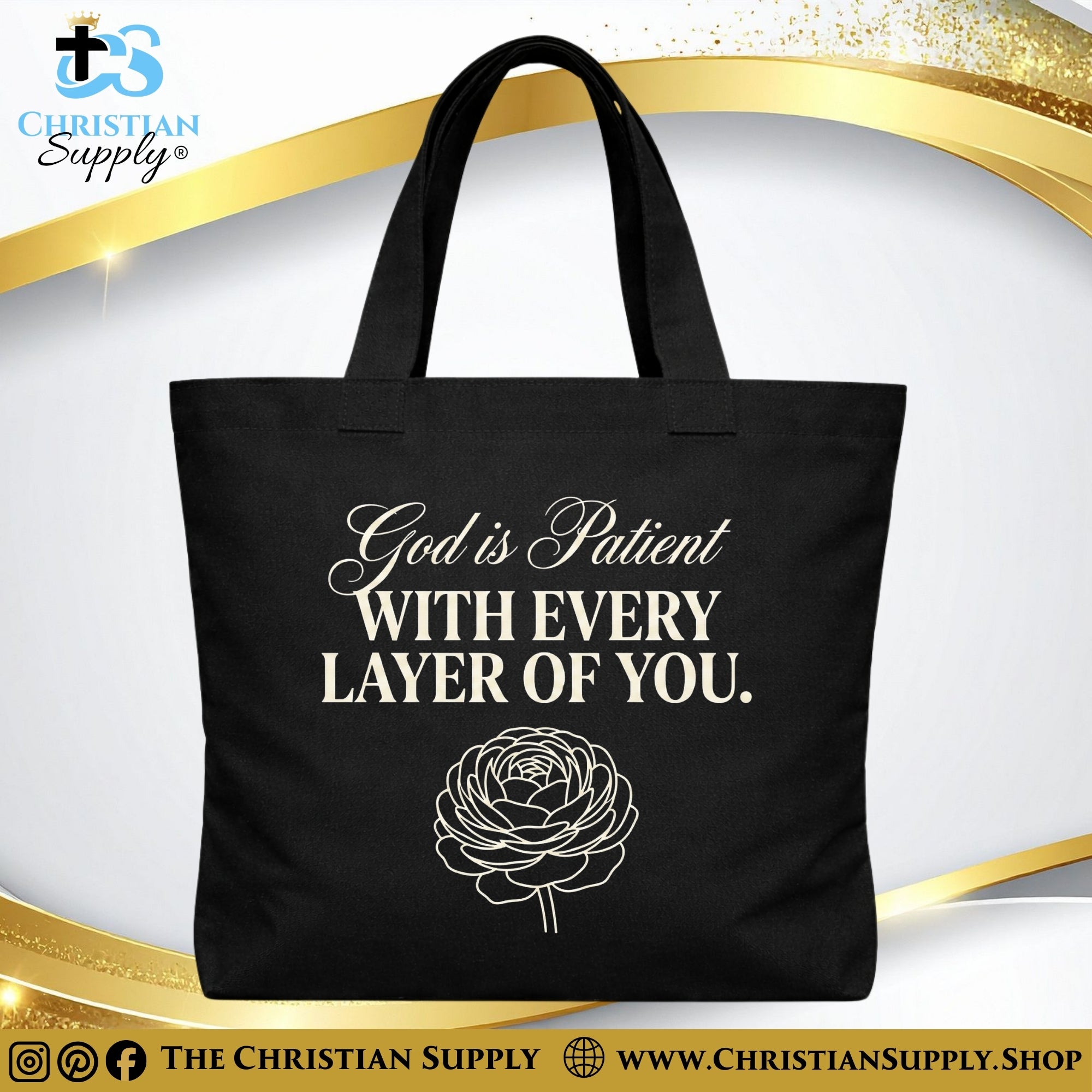 “God Is Patient With Every Layer of You Flower” Inspirational Christian Tote Bag – Durable 12oz Cotton Canvas Reusable Shoulder Bag for Daily Use