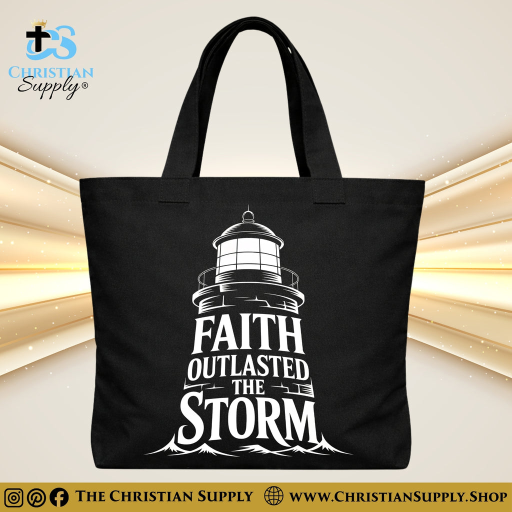 “Faith Outlasted the Storm” Inspirational Christian Tote Bag – Durable 12oz Cotton Canvas Reusable Shoulder Bag for Daily Use