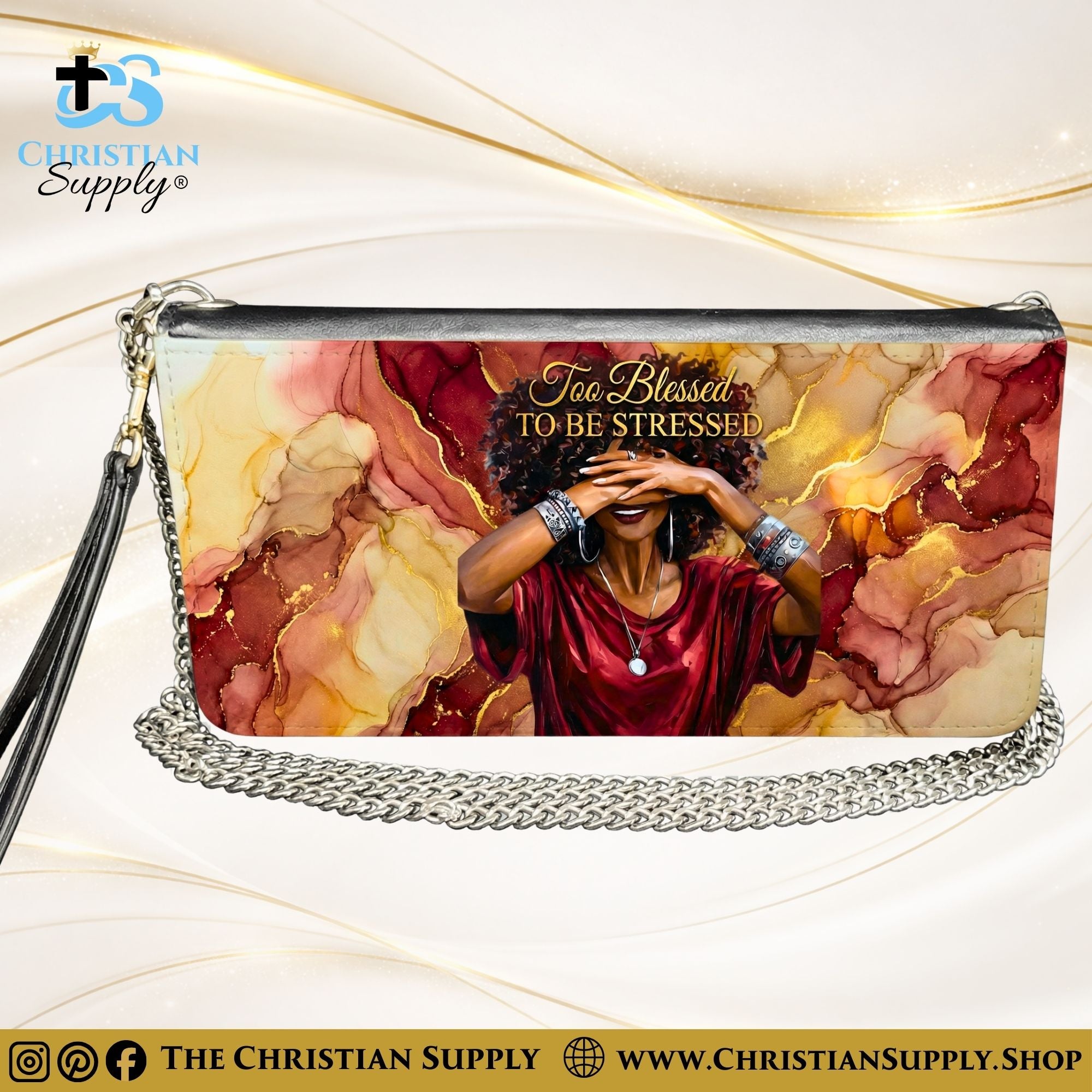"Too Blessed to Be Stressed" Inspirational Women's Chain Wallet — Elegant Faux Leather Clutch Purse