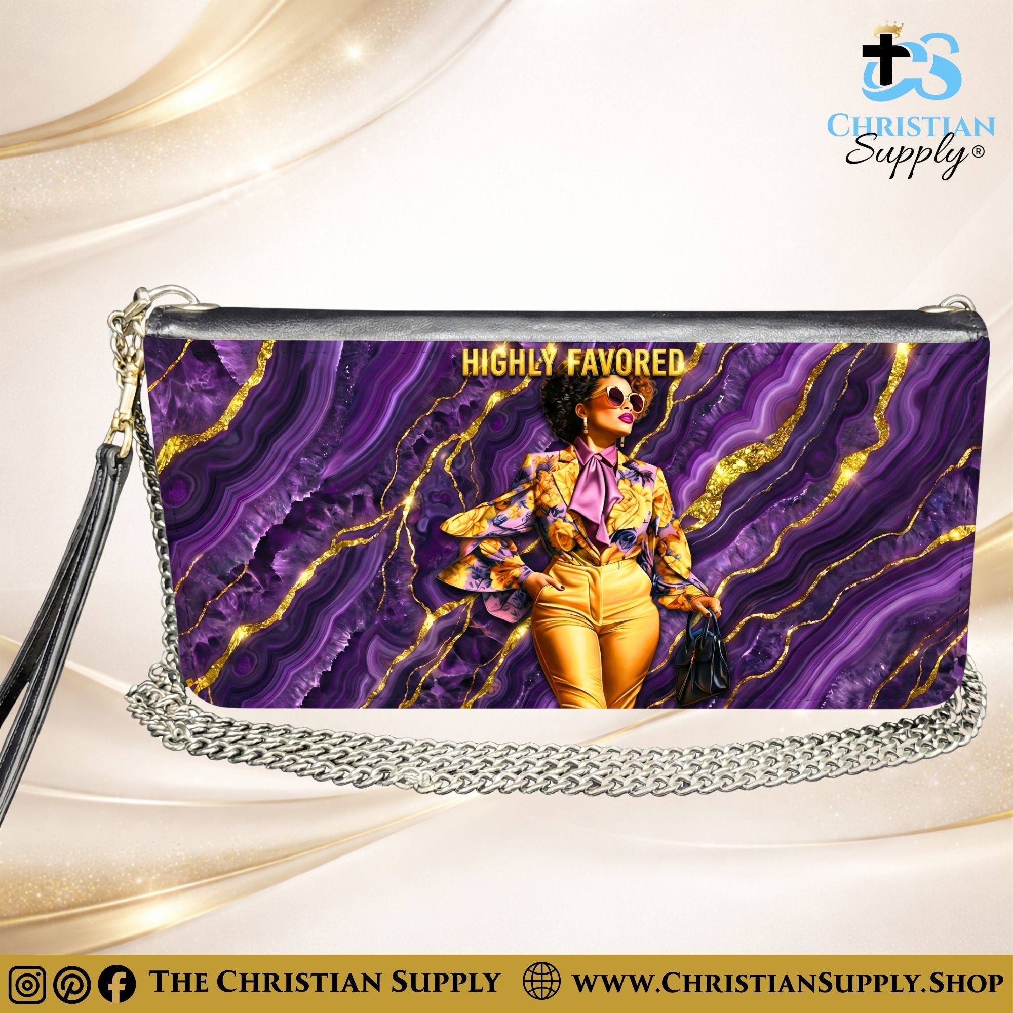 "Highly Favored" Inspirational Women's Chain Wallet — Elegant Faux Leather Clutch Purse