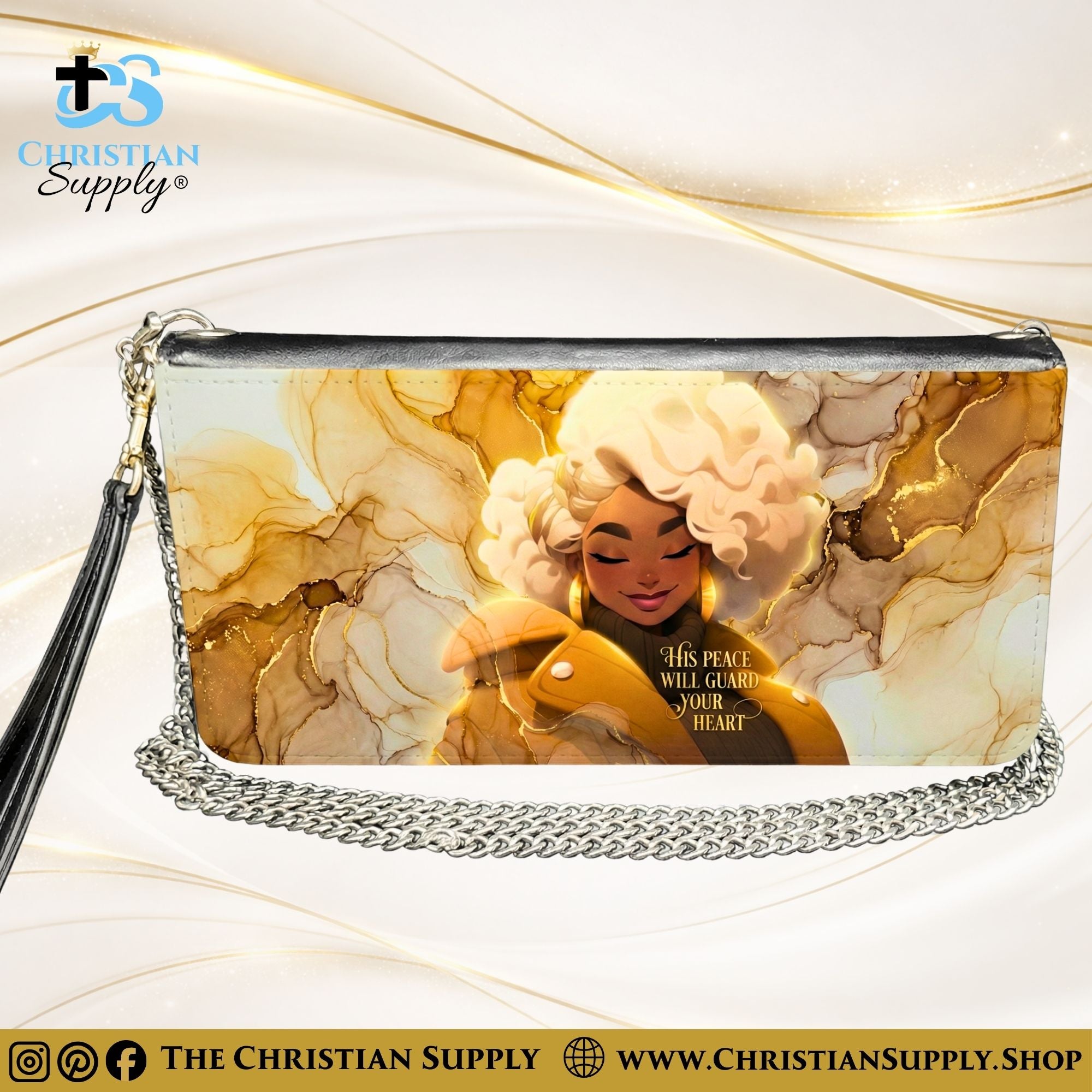 "His Peace Will Guard Your Heart" Inspirational Women's Chain Wallet — Elegant Faux Leather Clutch Purse