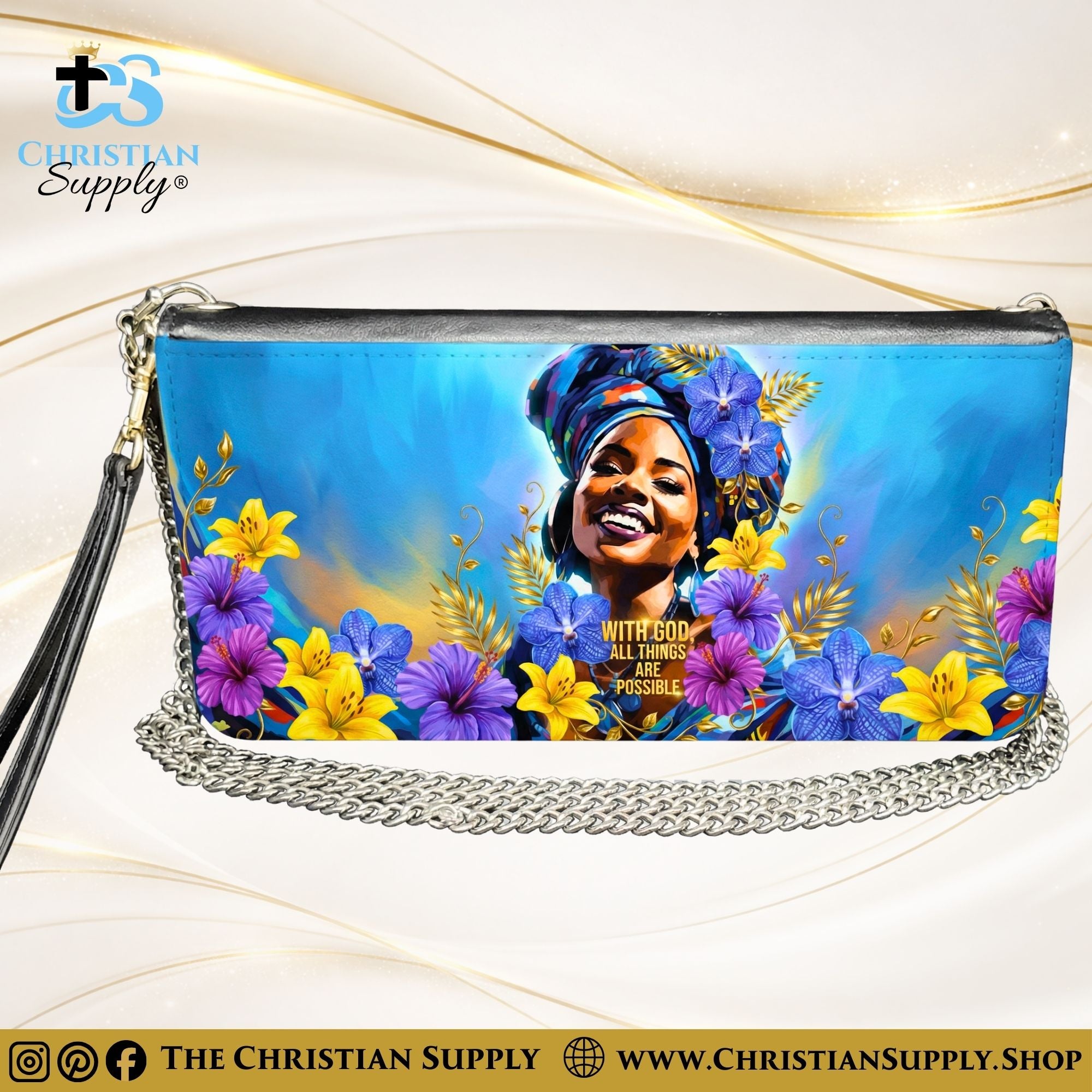 "With God All Things Are Possible" Inspirational Women's Chain Wallet — Elegant Faux Leather Clutch Purse
