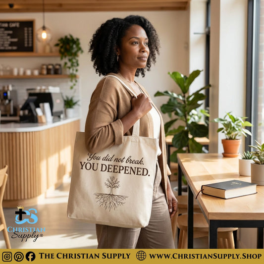 “You Did Not Break. You Deepened.” Inspirational Christian Tote Bag – Durable 12oz Cotton Canvas Reusable Shoulder Bag for Daily Use