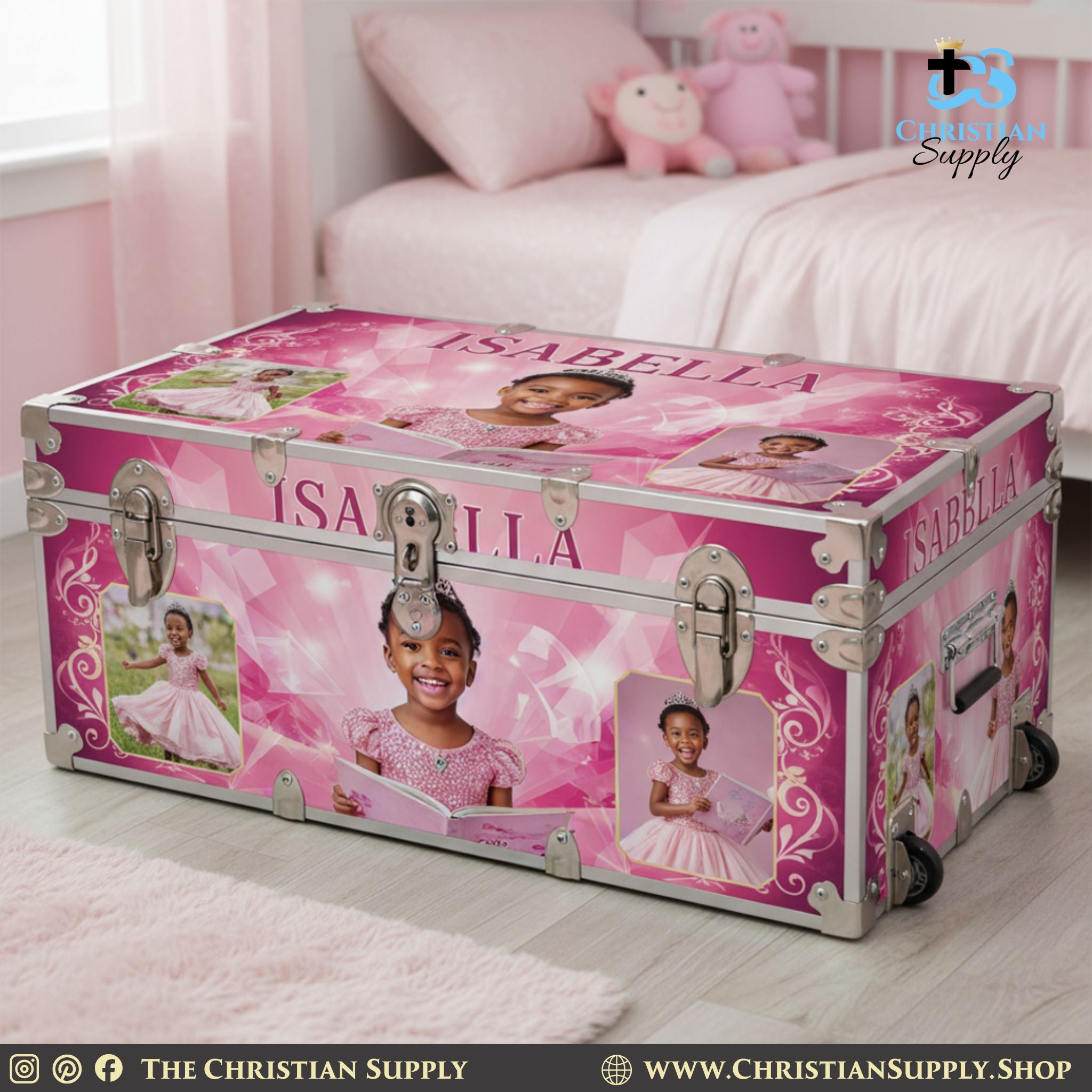 Custom Wrapped Storage Trunk with Wheels for Keepsakes Events and Daily Use